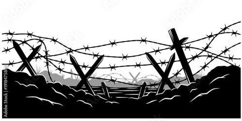 Silhouette of barbed wire and wooden stake on the ground. trench war elements vector background.
