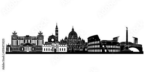 Rome city skyline horizontal banner. Black Rome city, Italy. Vector template for your design. Vector black silhouette. with white background
