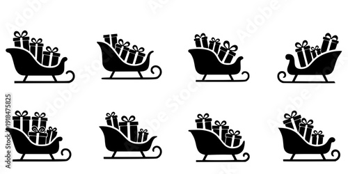 Santa's sleigh loaded with presents icon, a simple black vector silhouette of a traditional Christmas sled carrying wrapped gift boxes with bows
