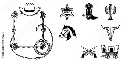 Rope frame with cowboy hat and lasso. Vector wild west illustration isolated on white foe design.
