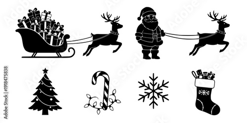 Santa's sleigh loaded with presents icon, a simple black vector silhouette of a traditional Christmas sled carrying wrapped gift boxes with bows
