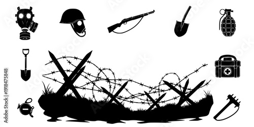 Silhouette of barbed wire and wooden stake on the ground. trench war elements vector background.
