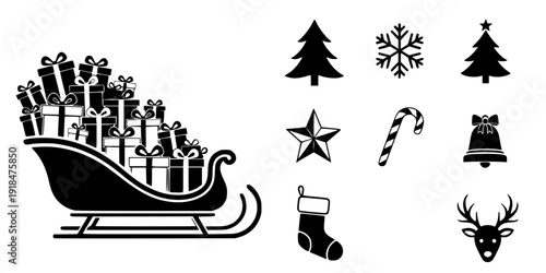 Santa's sleigh loaded with presents icon, a simple black vector silhouette of a traditional Christmas sled carrying wrapped gift boxes with bows
