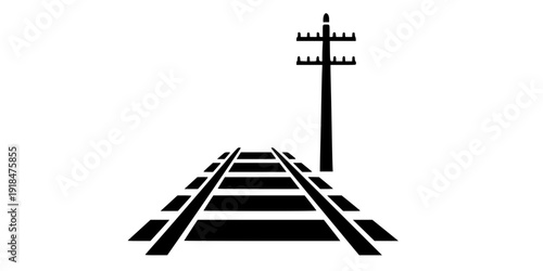 Black and white railway tracks with electric poles vector design. High-contrast railway tracks and power lines silhouettes vector. Silhouette train tracks and utility poles vector