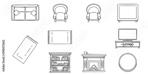 Family room furniture outline top view. Floor plan icons set for design interior and architectural project. Furniture thin line icon in top view for layout.