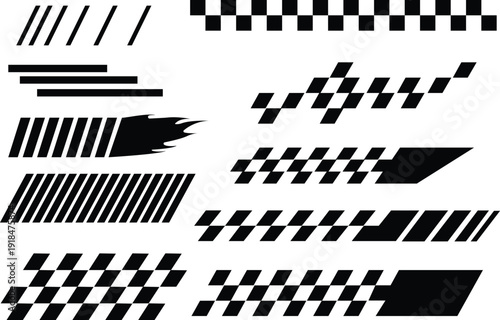 A vector illustration of black and white arrows and cursors designed as a racing flag symbol with a Hollywood cinema movie clapper board concept for director action signs