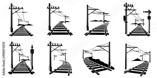 Black and white railway tracks with electric poles vector design. High-contrast railway tracks and power lines silhouettes vector. Silhouette train tracks and utility poles vector