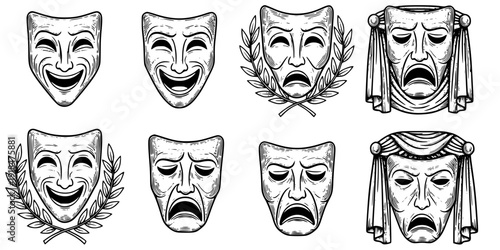 Theater or theatre drama comedy and tragedy masks in a vintage woodcut etching style
