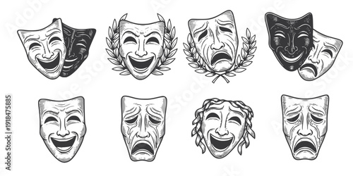Theater or theatre drama comedy and tragedy masks in a vintage woodcut etching style
