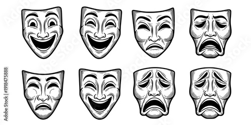 Theater or theatre drama comedy and tragedy masks in a vintage woodcut etching style
