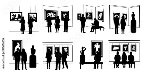 people admiring art in a gallery silhouette vector illustration
