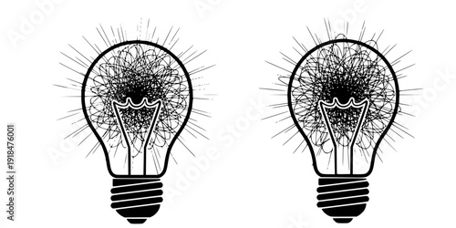 Chaotic lines with lightbulb continuous line drawing. Creative idea process. Mental health concept. Problem solving and idea search symbol. Vector illustration isolated on white.