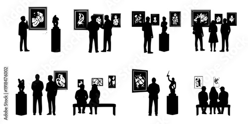 people admiring art in a gallery silhouette vector illustration
