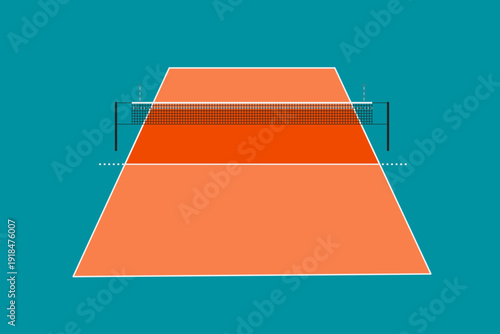 Minimalist volleyball court with net in center perspective. Flat vector illustration with modern colors, clean design, ideal for sports backgrounds, banners, posters, and graphic resources.