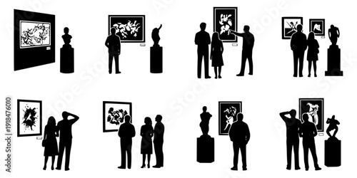 people admiring art in a gallery silhouette vector illustration
