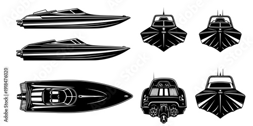 jet boat silhouette icons set side, front, back, and top views vector art illustration
