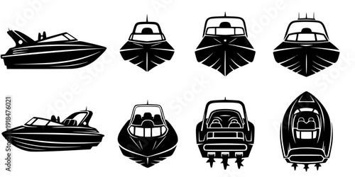 jet boat silhouette icons set side, front, back, and top views vector art illustration
