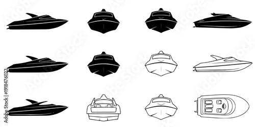jet boat silhouette icons set side, front, back, and top views vector art illustration
