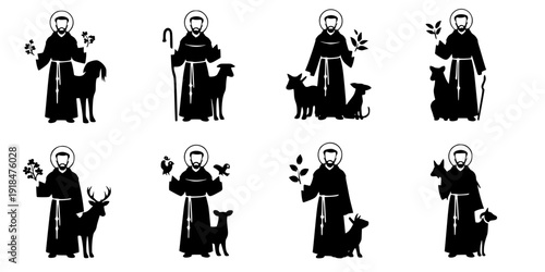 Silhouette Vector, Saint Francis of Assisi with Animals Vector Illustration – Christian Artwork of Saint in the Woods with Birds and Wildlife
