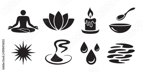 Set of modern zen icons for meditation yoga spa and wellness vector silhouette
