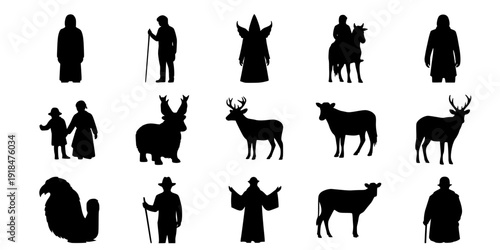 Silhouette Vector, Saint Francis of Assisi with Animals Vector Illustration – Christian Artwork of Saint in the Woods with Birds and Wildlife
