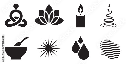Collection of zen icons with yoga lotus candle aromatherapy spa and wellness vector
