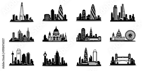 Single continuous line drawing of London city skyline. Famous city skyscraper landscape in world. World travel campaign home wall decor poster concept. Vector black silhouette. with white background