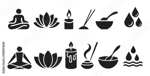 Various zen icons for meditation yoga spa candle and wellness vector silhouette