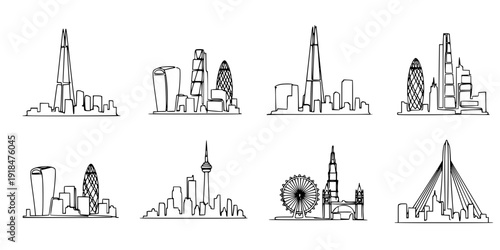 Single continuous line drawing of London city skyline. Famous city skyscraper landscape in world. World travel campaign home wall decor poster concept. Vector black silhouette. with white background