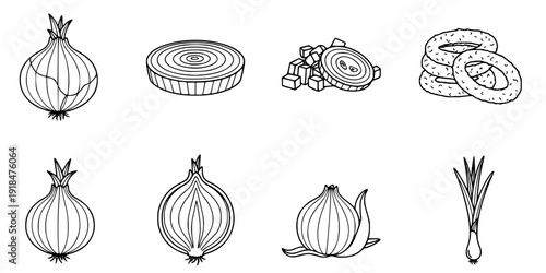 set of Onion Icon Set. Outline icon set of onion parts and forms: whole onion, sliced onion, chopped onion, onion rings, onion bulb,

