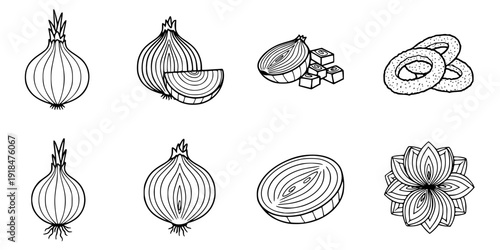 set of Onion Icon Set. Outline icon set of onion parts and forms: whole onion, sliced onion, chopped onion, onion rings, onion bulb,

