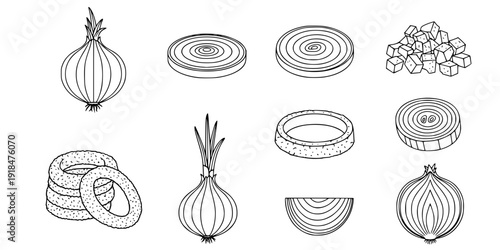 set of Onion Icon Set. Outline icon set of onion parts and forms: whole onion, sliced onion, chopped onion, onion rings, onion bulb,
