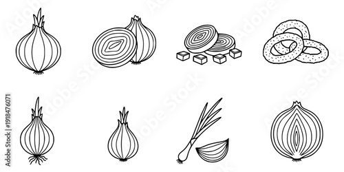 set of Onion Icon Set. Outline icon set of onion parts and forms: whole onion, sliced onion, chopped onion, onion rings, onion bulb,
