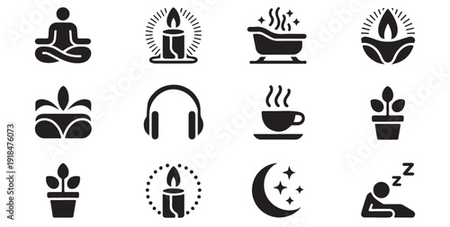 Relaxation and self care icons set including meditation candle bath tea and sleeping symbols