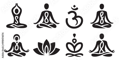 Abstract yoga pose icons with infinity symbols and om sign for spiritual wellness branding