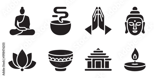 Buddhist spiritual symbols collection featuring buddha head lotus flower and praying hands