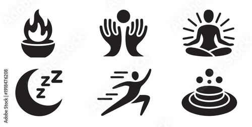 Zen meditation lifestyle icons set including yoga pose sleeping moon and running silhouette