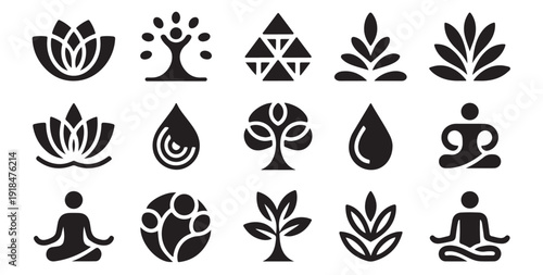 Holistic nature and wellness logo elements with lotus leaves water drops and human figure