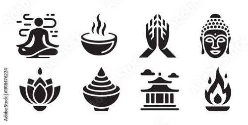 Oriental spiritual meditation set with temple pagoda incense burner and buddha face icons