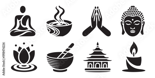 Detailed buddhism and yoga artistic icons including singing bowl buddha and pagoda temple