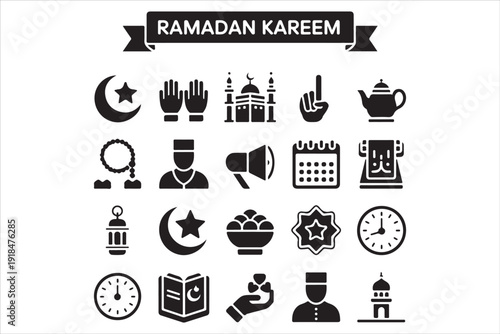 Ramadan Kareem Outline Icons Set, Islamic Line Art Vector Collection