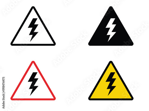 A set of yellow vector road and warning signs including a danger high voltage symbol and biohazard triangle icon for traffic safety and hazard caution alert