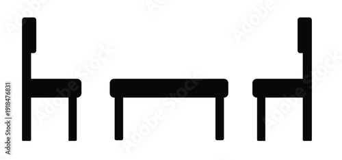 Set of black chairs with tables in wooden furniture interior