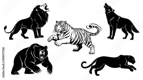 Wild Predator Animal Silhouette Set, Black and White Vector Illustration of Roaring Lion, Tiger, Bear, Wolf, and Panther, Powerful Beast Mascot Collection Isolated on White Background