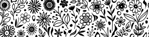 Hand outline drawing flowers, seamless border, vector background