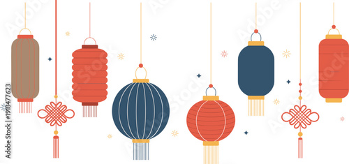 Colorful Chinese lanterns hanging illustration, festive Asian paper lamps decorative string lights vector background for Lunar New Year celebration