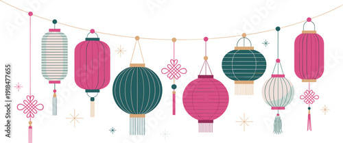 Colorful Ramadan lantern garland illustration, Islamic festive hanging lamps and ornaments decorative Arabic vector background for Eid celebration