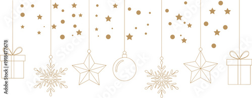 Elegant golden Christmas hanging decorations illustration, festive winter stars snowflakes gifts and baubles decorative line art background
