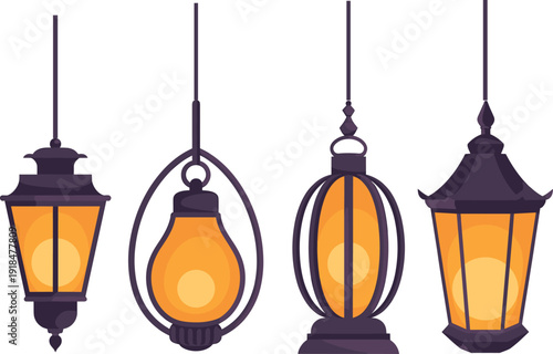 Set of vintage glowing street lanterns illustration, classic outdoor hanging lamps with warm light decorative vector design