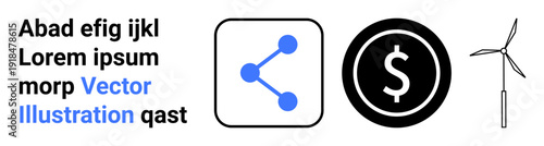 Renewable energy, sustainability, environmental conservation, digital interaction, finance, communication. Three icons for share, dollar sign and wind turbine. Renewable energy and sustainability